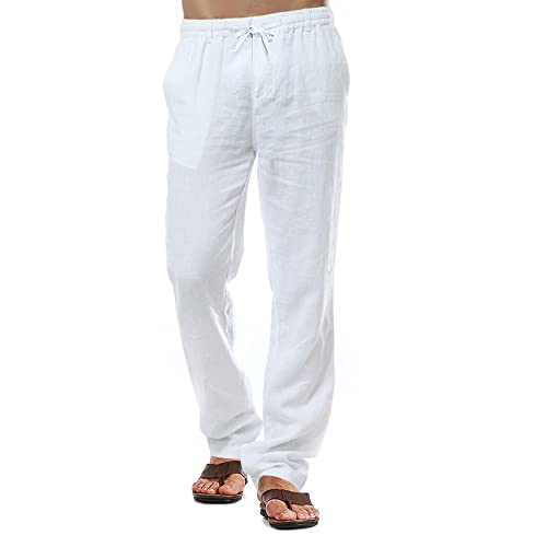 Pantalones de lino para hombre, pantalones casuales de algodón, pantalones de playa de verano, pantalones ligeros con cordón, blanco, M