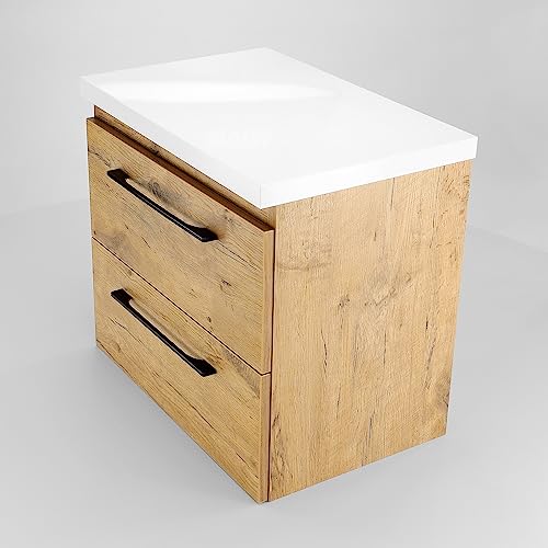 paplinskimoebel Mueble de baño con encimera para lavabo Girona B80,5/79,8 x T40/39 x H55 cm, con dos cajones (encimera de aspecto de roble) (armario de 80 cm sin placa)