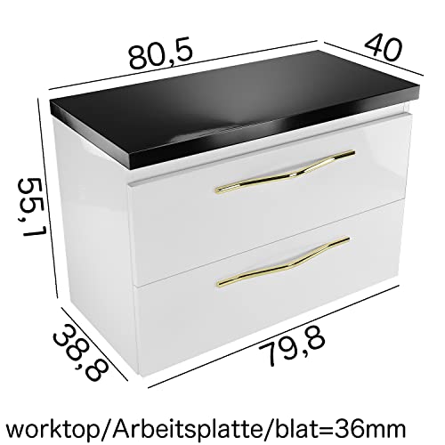 paplinskimoebel Mueble de baño Girona 80,5 x 40 x 55,1 cm con dos cajones, armario colgante de cuerpo brillante, color negro + blanco + dorado, mueble de baño estilo glamour