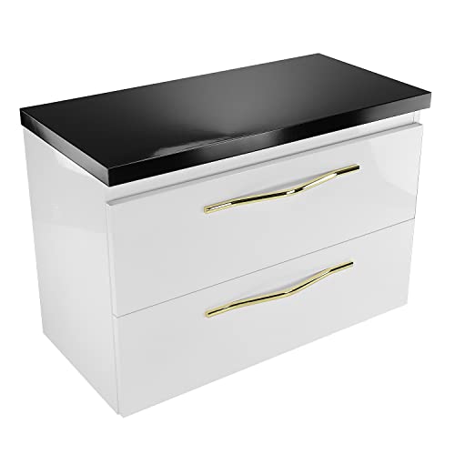 paplinskimoebel Mueble de baño Girona 80,5 x 40 x 55,1 cm con dos cajones, armario colgante de cuerpo brillante, color negro + blanco + dorado, mueble de baño estilo glamour