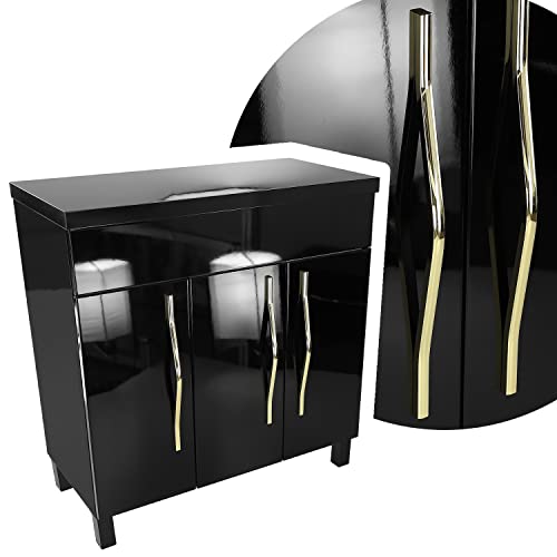 paplinskimoebel Vitoria - Mueble de baño (80 x 38,8 x 80,4 cm, acabado brillante negro sobre patas + asas de metal doradas, mueble de baño de pie, estilo glamuroso)