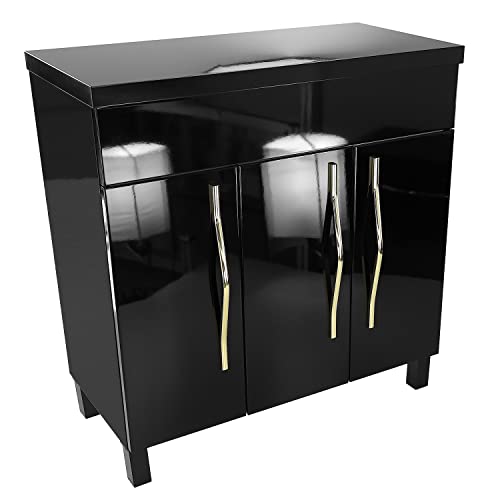 paplinskimoebel Vitoria - Mueble de baño (80 x 38,8 x 80,4 cm, acabado brillante negro sobre patas + asas de metal doradas, mueble de baño de pie, estilo glamuroso)