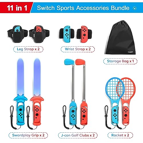 Paquete de 11 accesorios Switch Sports,accesorios para juegos Sports innoAura para Switch con raquetas de tenis, palos de golf, espadas, correa de muñeca, correa para la pierna para Switch/Switch OLED