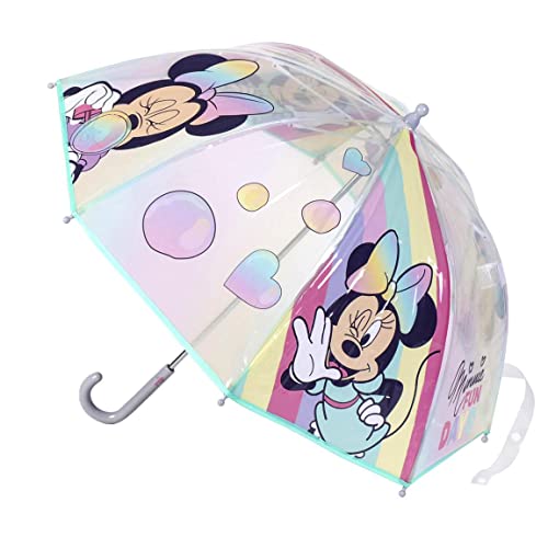 Paraguas de Burbuja de Minnie Mouse - Estampado de Minnie con Arcoiris - Apertura Manual - Elaborado en 100% POE con Estructura de Fibra de Vidrio - Producto Original Diseñado en España