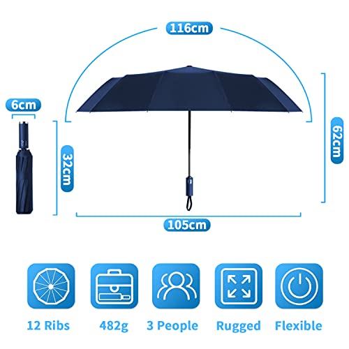 Paraguas Plegable Automático, Paraguas Plegable Antiviento, Paraguas Grande 12 Varillas para Hombres Mujer, Diámetro 105cm (Azul Marino)