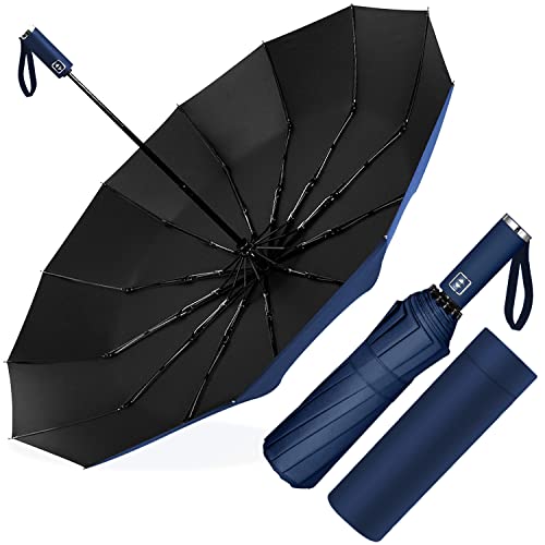 Paraguas Plegable Automático, Paraguas Plegable Antiviento, Paraguas Grande 12 Varillas para Hombres Mujer, Diámetro 105cm (Azul Marino)