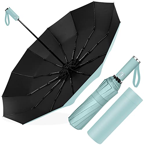 Paraguas Plegable Automático, Paraguas Plegable Antiviento, Paraguas Grande 12 Varillas para Hombres Mujer, Diámetro 105cm (Verde Menta)