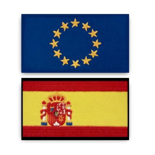 Parches Bordados con Velcro (2 piezas) Banderas España y Europa para Mochila Militar Táctica Crossfit Gimnasio Ejército Oficiales para Hombre o Mujer.