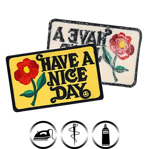 Parches ropa termoadhesivos "Have a nice day" Patch floral para coser/planchar | Motivación bordada | Regalo para bloggers | Aplicación DIY para todo tipo de telas | 70x45 mm