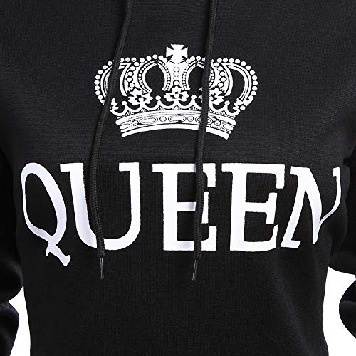 Pareja Impresión Corona King & Queen Sudaderas con Capucha Manga Larga Jersey Camisa de Entrenamiento Hombre Mujer Pullover (Negro, King M+Queen S)