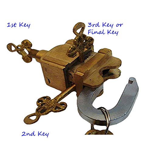 PARIJAT HANDICRAFT Cerradura de jardín funcional de latón cuadrado Tricky Lock Puzzle Candado con 6 llaves (juego de 3 x 2), aspecto vintage resistente