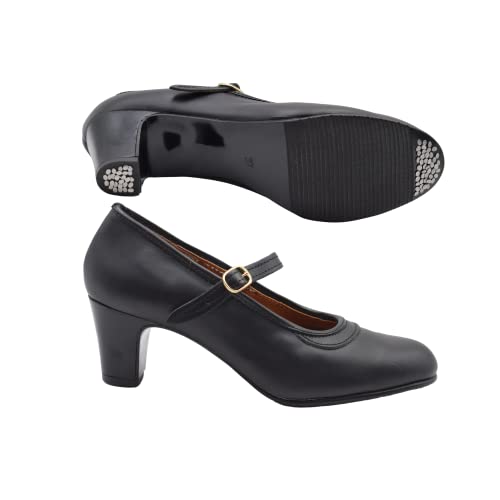 PASARELA - Zapatos de Baile Flamenco de Piel Negros con Clavos y Cierre de Hebilla para Mujer Cuero Mujer Color: Negro Talla: 40
