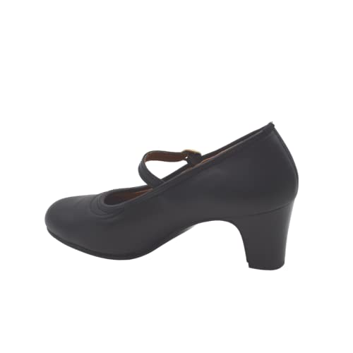 PASARELA - Zapatos de Baile Flamenco de Piel Negros con Clavos y Cierre de Hebilla para Mujer Cuero Mujer Color: Negro Talla: 40