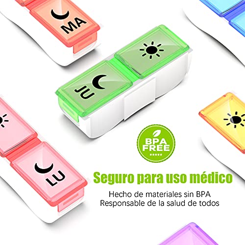 Pastillero Semanal Español 2 Tomas, Jaduoher Pequeño Organizador Medicamentos 7 Dias Diaria con 14 Compartimentos - Muticolor (Multicolor) (Multicolor)
