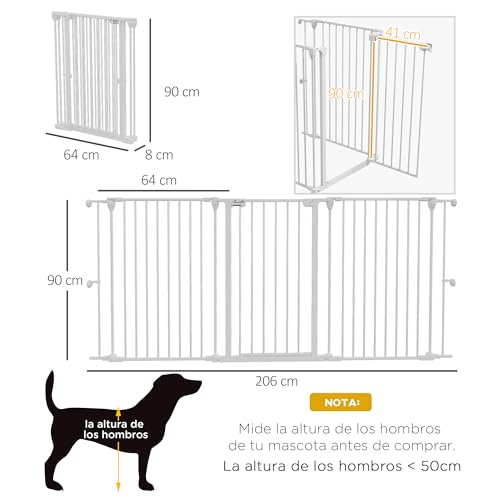 PawHut Barrera para Perros de Acero Valla para Mascotas Plegable de 3 Paneles con Doble Cerradura y Función de Bloqueo Auxiliar para Puerta Pasillo Escalera 206x90 cm Blanco