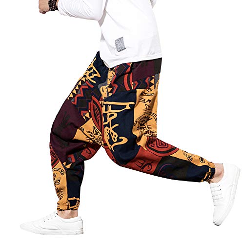 Pejihota Mens Loose Hip-Hop Harem Pantalones Lino Bohemio Aladdin Yoga Pantalones Bloomers Drop Entrepierna Pantalones Estampado Retro con Bolsillos (as4, Waist, x_l, Regular, Regular, Rojo, XL)