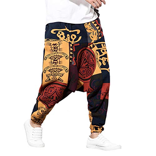 Pejihota Mens Loose Hip-Hop Harem Pantalones Lino Bohemio Aladdin Yoga Pantalones Bloomers Drop Entrepierna Pantalones Estampado Retro con Bolsillos (as4, Waist, m, Regular, Regular, Rojo, M)