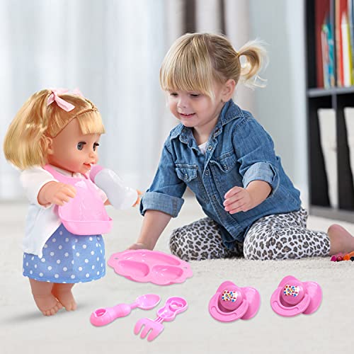 PFLYPF Juego de alimentación para muñecas de bebé de 8 piezas, equipado con 2 biberones, 2 chupetes, baberos, platos, cucharas, tenedores, accesorios para muñecas para niños y niñas