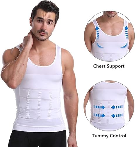 PHCOMRICH Camisa de compresión Slim fit para Hombre, Abdomen y Cintura de Pecho de compresión de Alta Elasticidad, Blanco,（XXL）