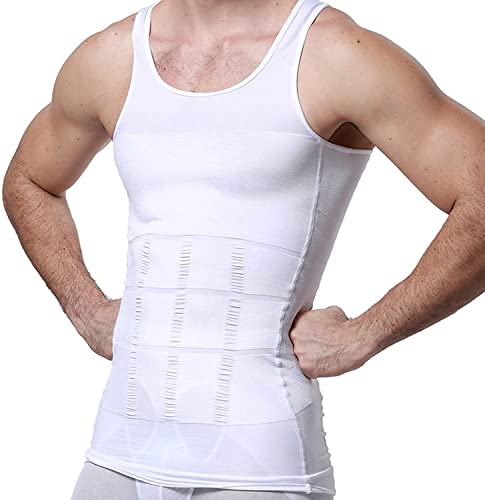 PHCOMRICH Camisa de compresión Slim fit para Hombre, Abdomen y Cintura de Pecho de compresión de Alta Elasticidad, Blanco,（XXL）