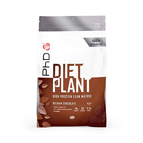 PhD Nutrition Diet Plant, High Protein Lean Matrix, proteína vegana, sabor a chocolate belga, 18 gr de proteína, 40 porciones, bolsa de 1 kg