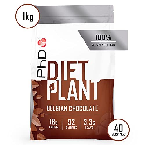 PhD Nutrition Diet Plant, High Protein Lean Matrix, proteína vegana, sabor a chocolate belga, 18 gr de proteína, 40 porciones, bolsa de 1 kg