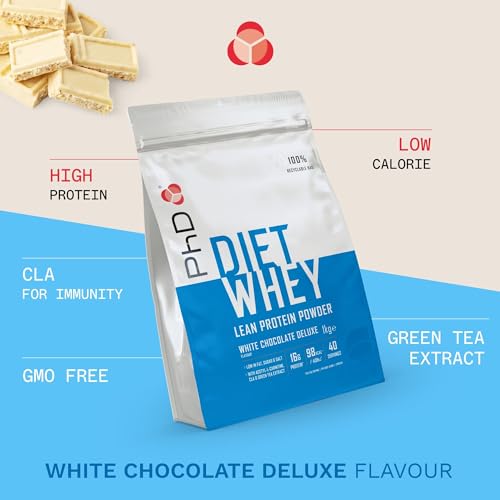 PhD Nutrition Diet Whey Protein, Proteína de suero de leche sabor a Chocolate Blanco Deluxe 17 gr de proteína por porción, 40 porciones, Bolsa de 1 Kg