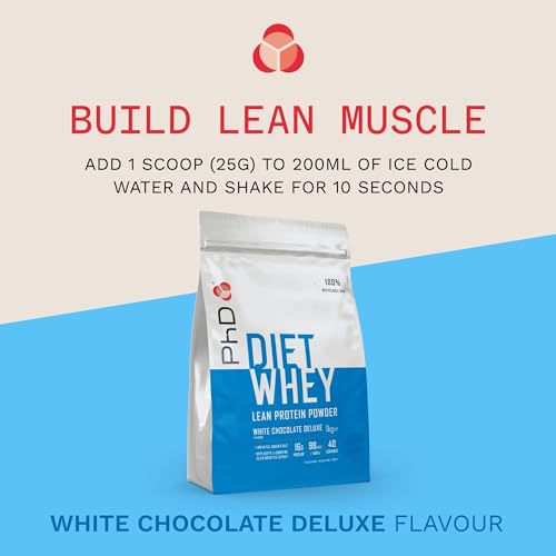 PhD Nutrition Diet Whey Protein, Proteína de suero de leche sabor a Chocolate Blanco Deluxe 17 gr de proteína por porción, 40 porciones, Bolsa de 1 Kg
