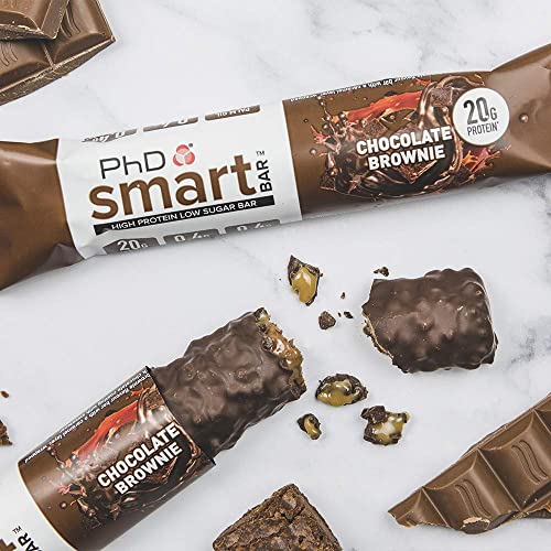 PhD Nutrition Smart Bar, Barras de proteínas bajas en azúcar, Sabor brownie de chocolate, 20 gr proteína por porción, Barra de 64 gr, paquete de 12