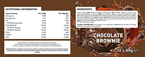 PhD Nutrition Smart Bar, Barras de proteínas bajas en azúcar, Sabor brownie de chocolate, 20 gr proteína por porción, Barra de 64 gr, paquete de 12