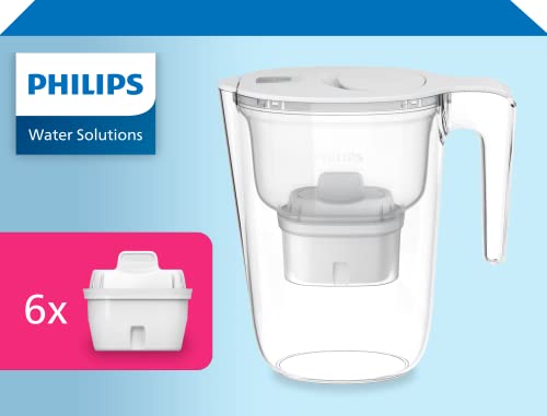 Philips Filtro de Jarra +6 Cartuchos de Filtro de Repuesto Micro X-Clean, Flujo rápido, Blanco, 2.6 litros, Temporizador electrónico