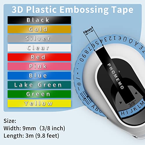 Phomemo Cinta de Etiquetas 3D Auto-Adhesive Compatible con Dymo Label Tape 9mm para Dymo Omega Junior Motex Embossing Label Impresora(Blanco sobre Rojo, Azul, Amarillo, Rosa, Verde Lago, 5 Paquete)