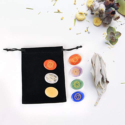 Piedras curativas naturales para chakras Hivexagon, juego de 7 piedras de preocupación con símbolos, cristales curativos de energía y reiki para meditación, concentración, crecimiento espiritual