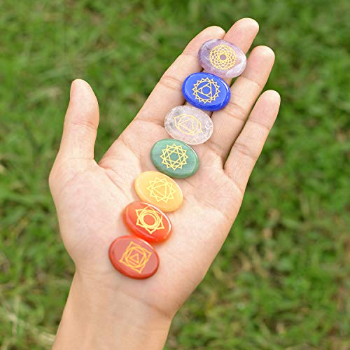 Piedras curativas naturales para chakras Hivexagon, juego de 7 piedras de preocupación con símbolos, cristales curativos de energía y reiki para meditación, concentración, crecimiento espiritual
