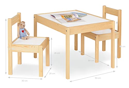 Pinolino Juego de mesa y sillas para niños Olaf; 3 piezas, de madera, 2 sillas y 1 mesa, para niños a partir de 2 años, lacado claro y liso, blanco