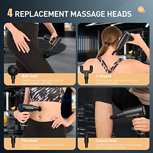Pistola de masaje muscular, mini masajeador de tejidos con 4 cabezales de masaje 6 velocidades pantalla LED Pistola de masaje muscular profunda profesional (negro)