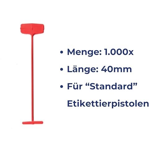 Pokornys | 1000 sujetadores de etiquetas color rojo (40 mm) para pistolas estándar | sujetadores de plástico rojos, etiquetado de ropa y otros textiles | aptas para etiquetas de cartón perforadas