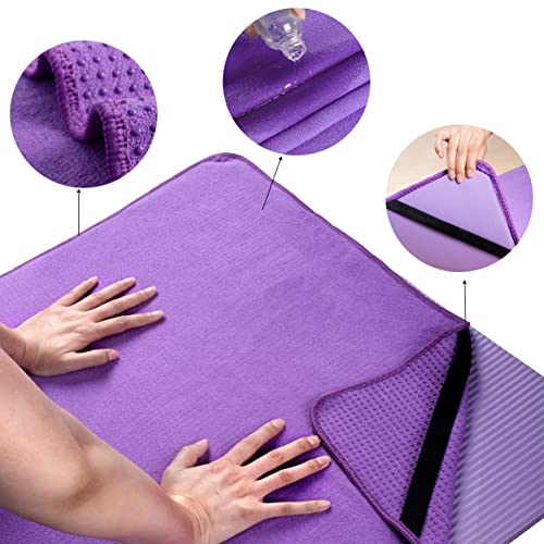 Polyte - Toalla Yoga Antideslizante, Toalla de Microfibra para Hot Yoga con Agarre de Silicona y Bandas Elásticas para un Ajuste Seguro, 61 x 183 cm (Púrpura)