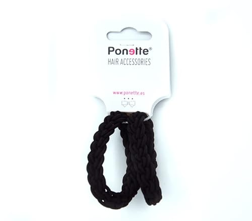 PONETTE - Pack de 6 Gomas de Pelo Trenzadas Negras, Muy Elásticas y Ultra Resistentes, Marca Española