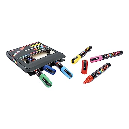Posca UniPosca - Juego de 8 rotuladores acrílicos surtidos, multicolor de punta redonda media de 2,5 mm - para niños y artistas, para telas, madera, vidrio y otras superficies