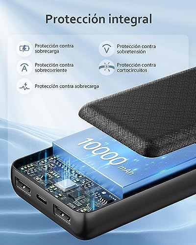 POSUGEAR PowerBank 10000mAh, Bateria Externa Movil, Cargador Portatil Mini, con 2 USB+1 TYPEC Salidas 3A, Compatible con iPhone, Samsung, Huawei, iPad, etc (Negro)