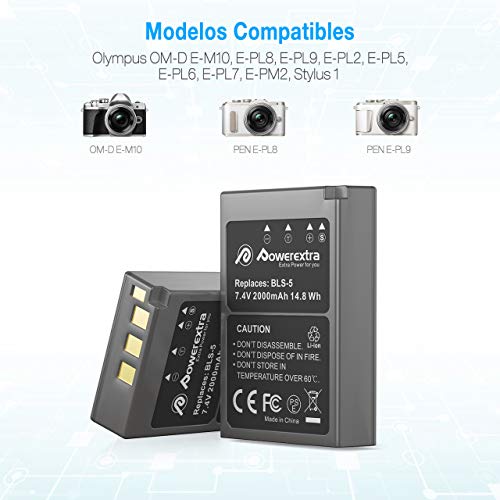 Powerextra Batería de Repuesto para Olympus BLS-5 BLS-50 con Cargador de Pantalla LCD para Olympus BLS-5 Olympus OM-D E-M10 Stylus 1 1s Pen E-PL2 E-PL3 E-PL5 E-PL6 E- PL7 E-PL8 E-PL9 E-P3 E-PM1 E-PM2