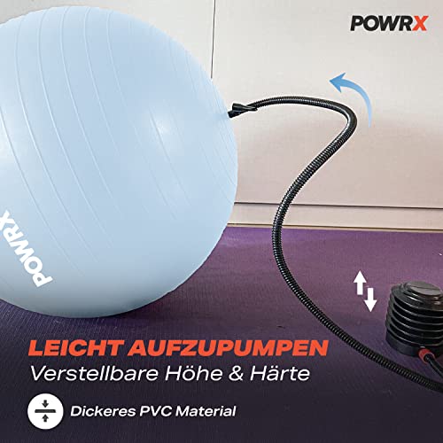 POWRX Pelota de Ejercicio 55-95 cm - Balón Ideal para Gimnasia, Yoga y Pilates - Anti-explosión con hinchador Incluido - Tamaño y Color a Elegir + PDF Workout (Azul Claro, 65 cm)