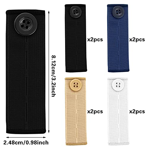 Prasacco - Paquete de 8 cinturones elásticos para la cintura, 25 x 85 mm, extensores de botones ajustables, cinturones, extensores de botones para jeans (negro, azul, beige, blanco)