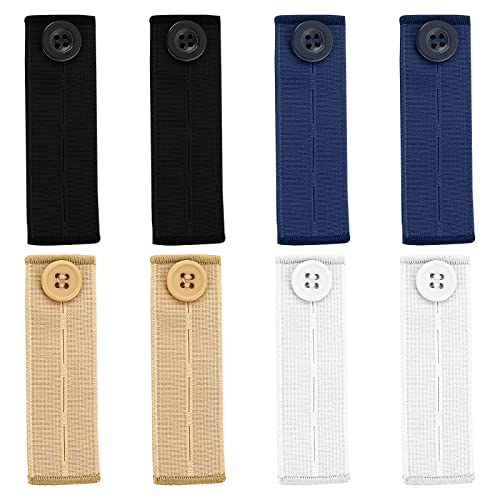 Prasacco - Paquete de 8 cinturones elásticos para la cintura, 25 x 85 mm, extensores de botones ajustables, cinturones, extensores de botones para jeans (negro, azul, beige, blanco)