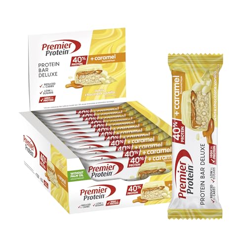 Premier Protein Bar Deluxe White Chocolate Vanilla 12x50g - Alto contenido en proteínas Bajo contenido en azúcares + Reducido en hidratos de carbono + Sin aceite de palma
