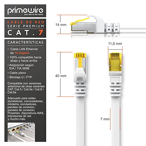 Primewire - 7,5m - Cable de Red plano Cat.7 - Cable Gigabit Ethernet - LAN 10 Gbps -Revestido de PVC - Apantallamiento U FTP PiMF con Conector RJ45 - Compatible Switch Rúter Modem PC portátil Smart-TV