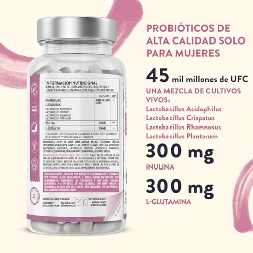Probioticos mujer Superconcentrado con 4 cepas bacterianas distintas – Lactobacillus – 45 mil millones UFC por dosis – con inulina y L glutamina – sin GMO, gluten ni lactosa – 60 cápsulas