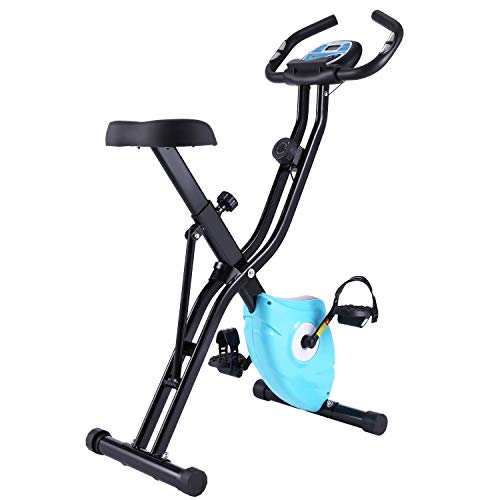 Profun Bicicleta Estática Plegable APP 10 niveles de Resistencia Magnética, Bicicleta de Ejercicios con Tableta/Soporte para Teléfono y Asiento Grande y Cómodo (Azul sin Respaldo)