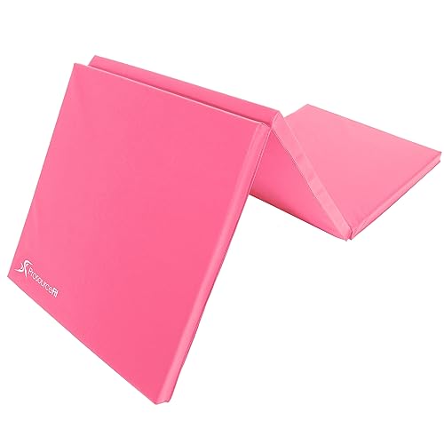 ProsourceFit Tri-Fold Folding Exercise Mat with Carrying Handles, 6-Feet Length x 2-Feet Width x 1.5-Inch Thickness, Pink